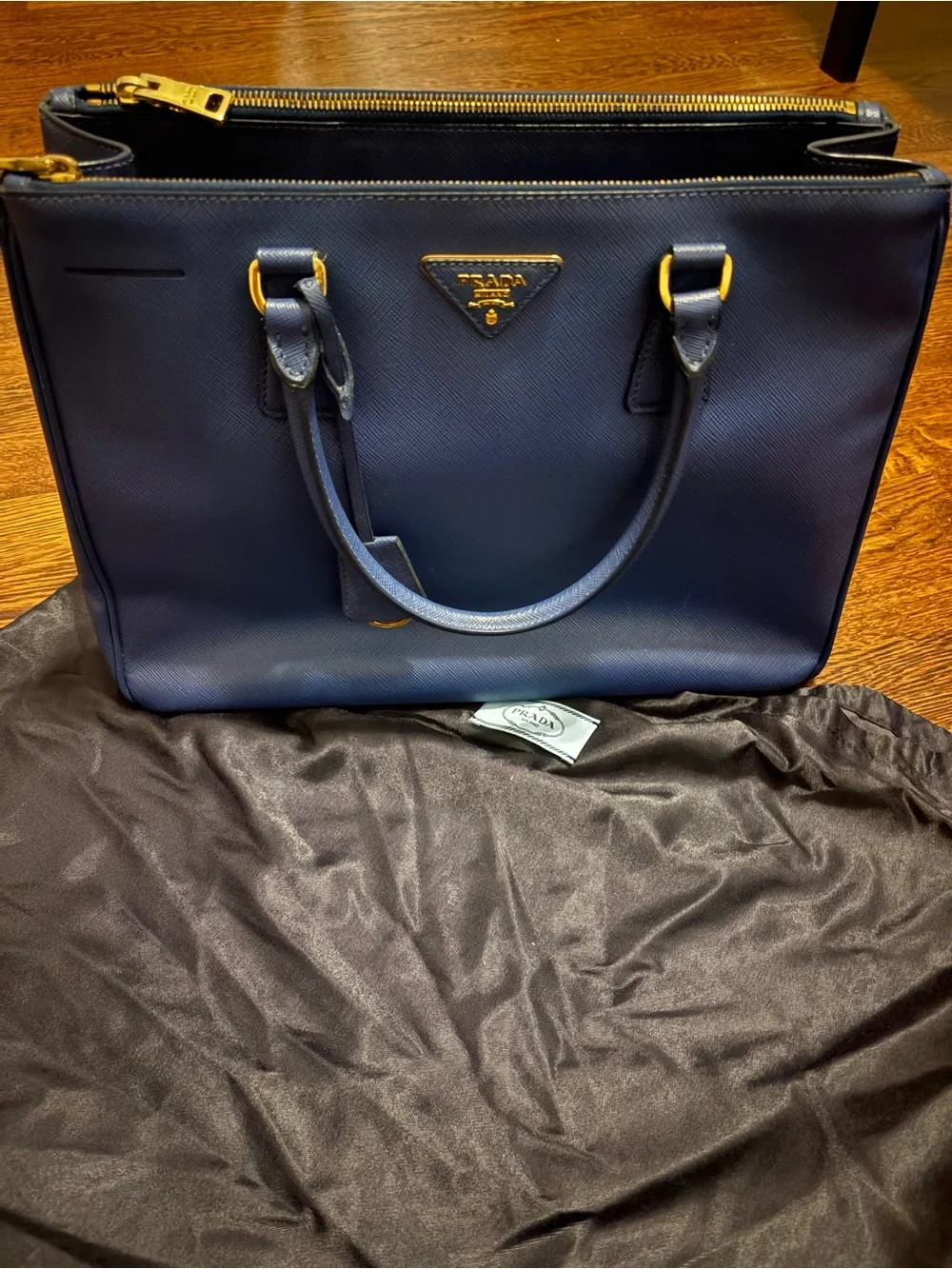 Prada Navy Saffiano Leather Satchel with Gold Hardware